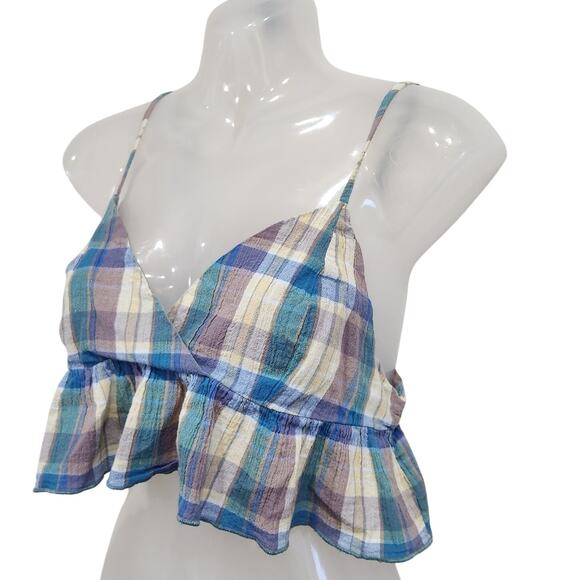 Urban Outfitters Ruffle Peplum Cropped Top V-Neck Plaid Multicolor Size Medium - Picture 2 of 10